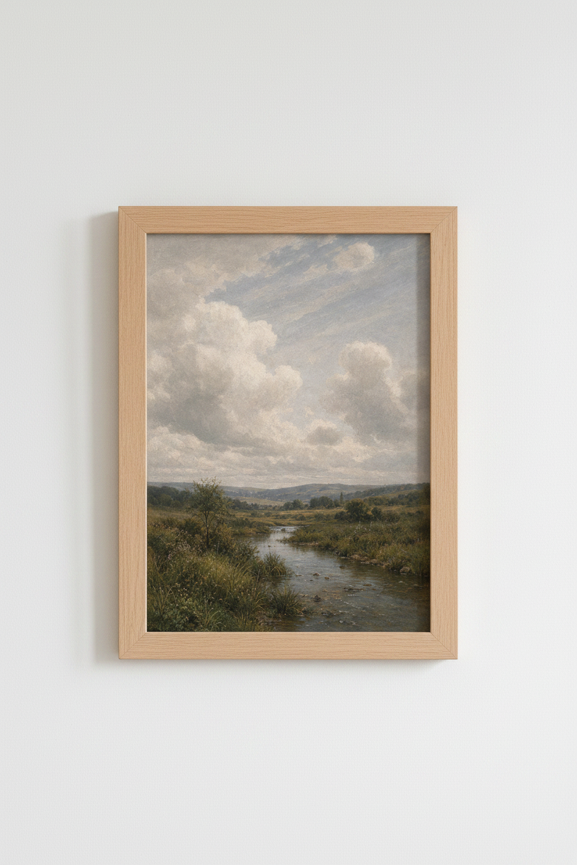 landscape wall art | Soft Sky River View, Rustic Living Decor