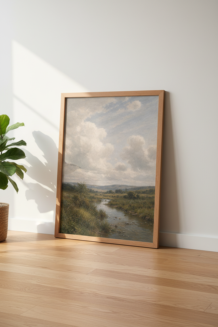 landscape wall art | Soft Sky River View, Rustic Living Decor