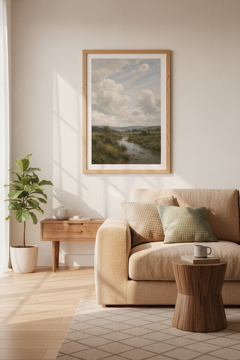 landscape wall art | Soft Sky River View, Rustic Living Decor