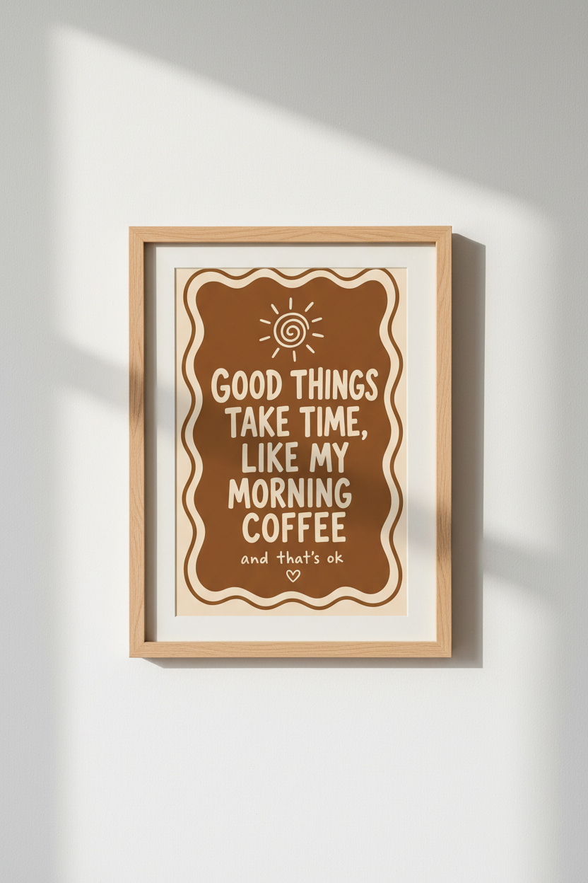 Good Things Take Time Coffee Wall Art | Kitchen Decor | Retro Brown Quote Poster