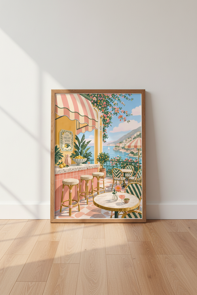 Amalfi Coast Italy Terrace Wall Art | Pastel Mediterranean Decor | La Dolce Vita Poster
