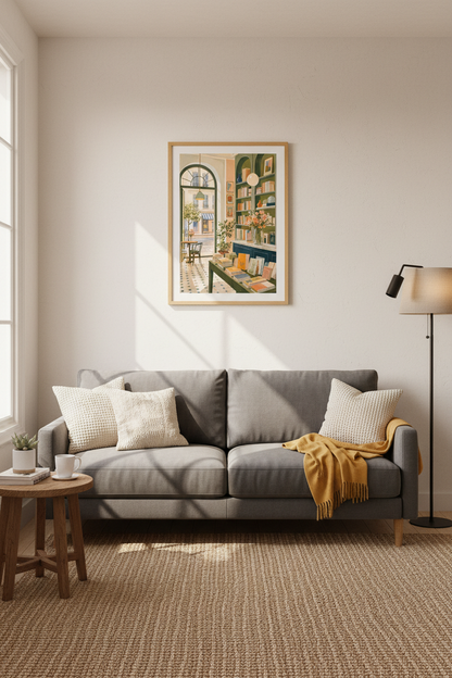 Parisian Bookstore Art Print | Sage Green Library Decor | European Aesthetic Poster