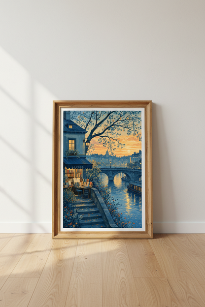 Paris Bookstore Wall Art | Sunset River Scene, French Library Print