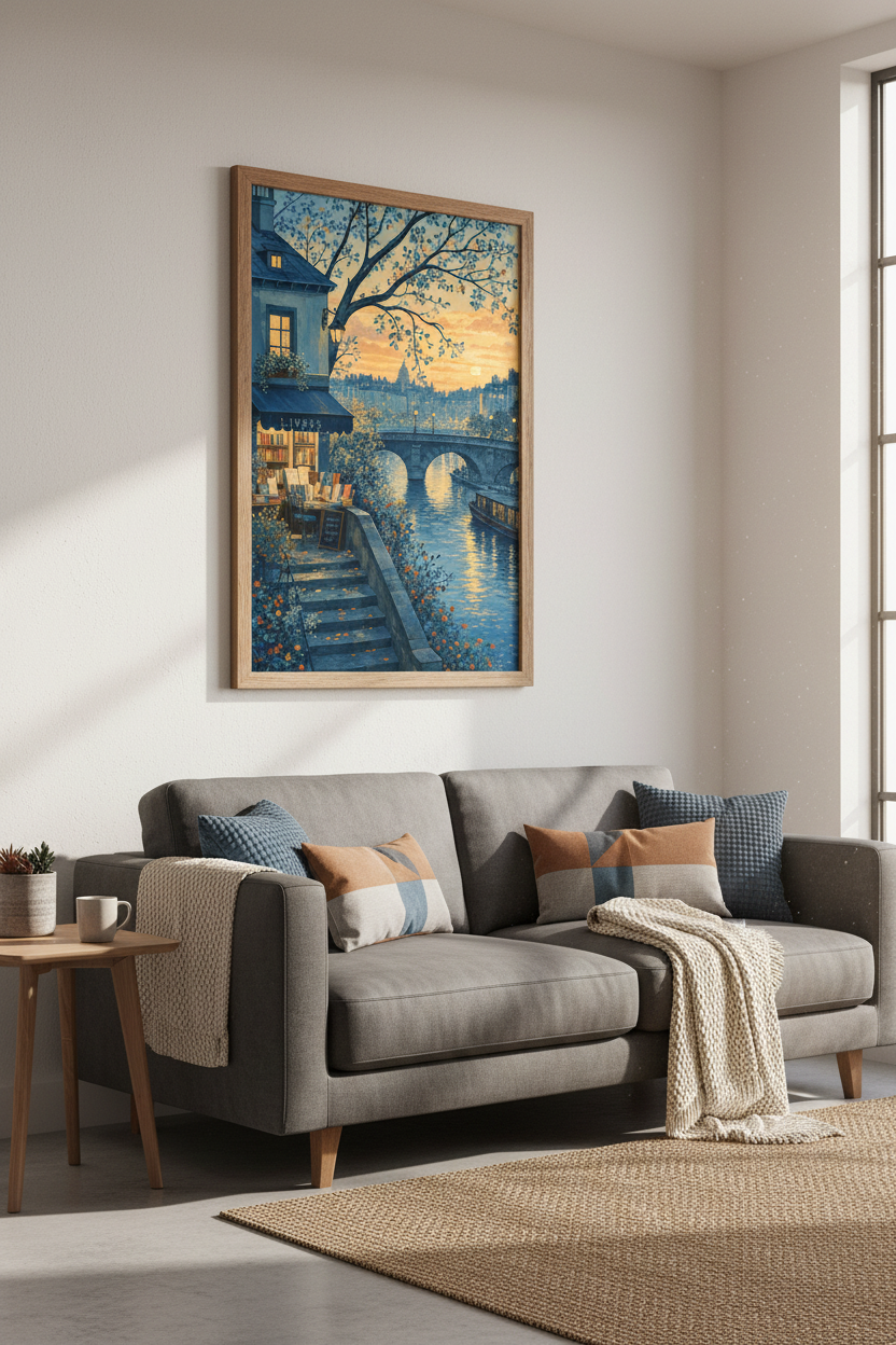 Paris Bookstore Wall Art | Sunset River Scene, French Library Print