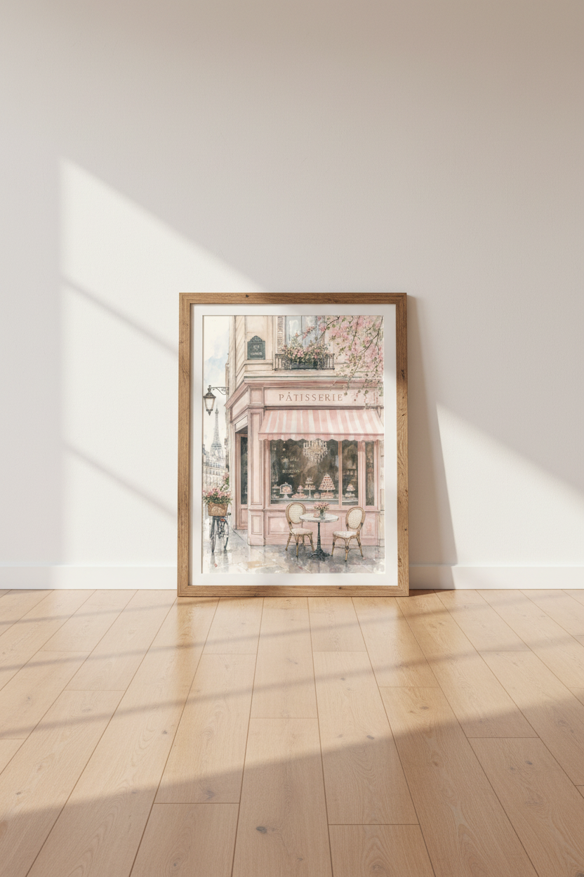 Paris Patisserie Wall Art | Pink French Bakery Watercolor Poster, Chic Room Decor