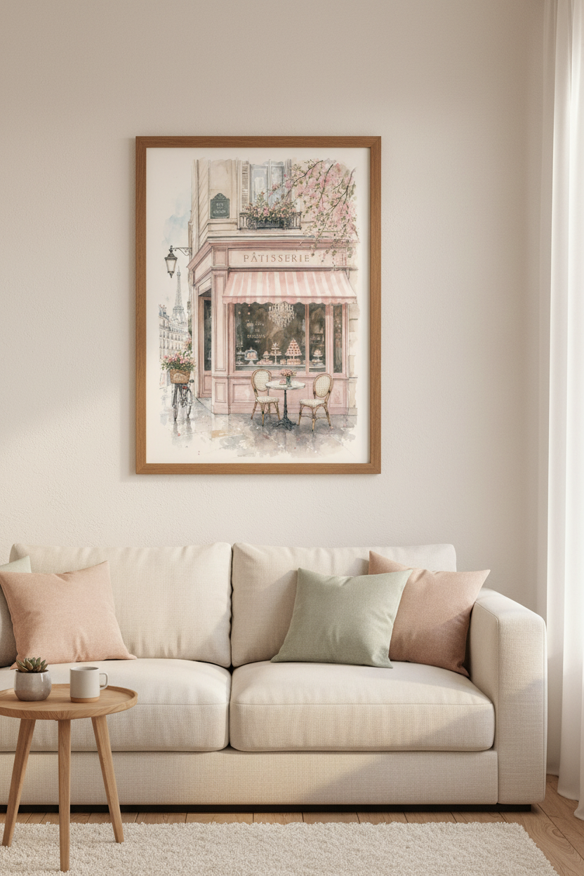 Paris Patisserie Wall Art | Pink French Bakery Watercolor Poster, Chic Room Decor