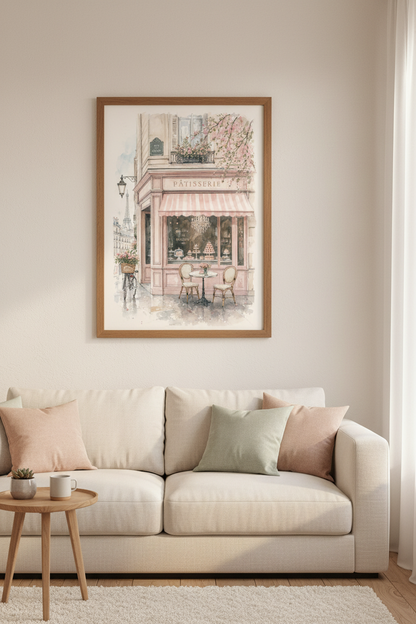 Paris Patisserie Wall Art | Pink French Bakery Watercolor Poster, Chic Room Decor