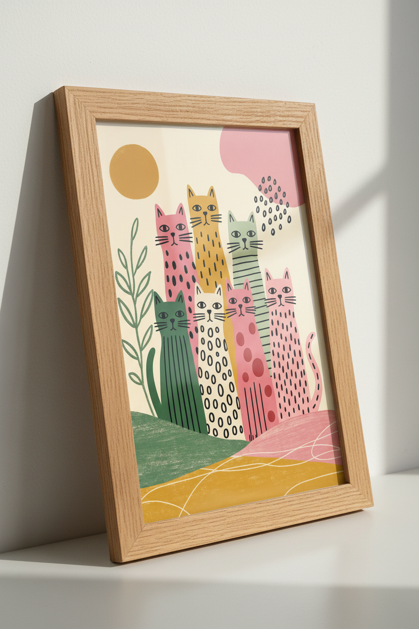 Colorful Folk Art Cats Wall Art | Boho Nursery Decor | Whimsical Animal Poster