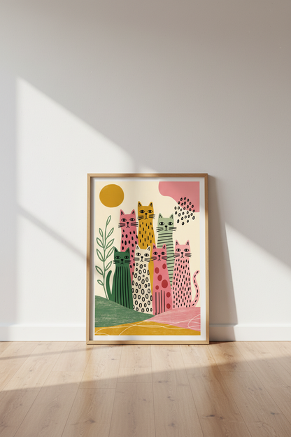 Colorful Folk Art Cats Wall Art | Boho Nursery Decor | Whimsical Animal Poster