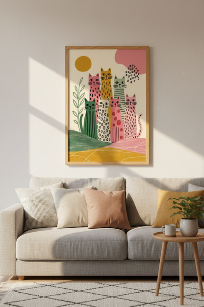 Colorful Folk Art Cats Wall Art | Boho Nursery Decor | Whimsical Animal Poster