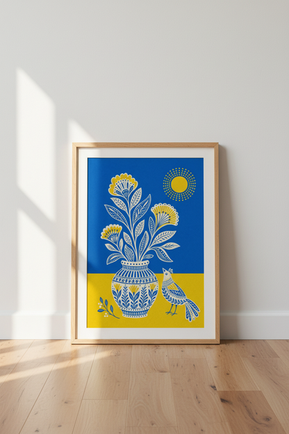 Folk Art Floral &amp; Bird Wall Art | Blue and Yellow Botanical Decor | Boho Poster