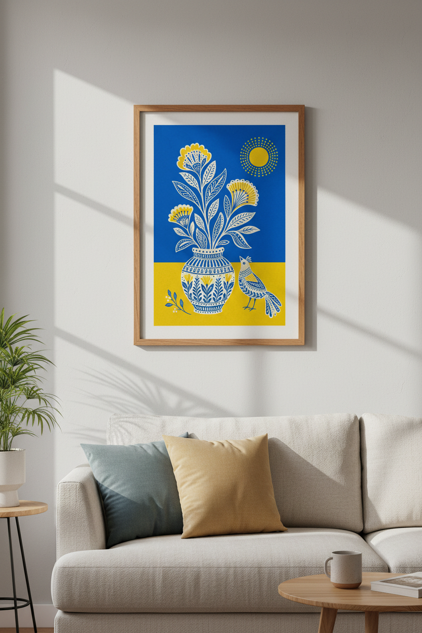 Folk Art Floral &amp; Bird Wall Art | Blue and Yellow Botanical Decor | Boho Poster