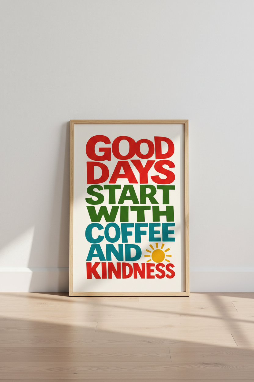 Coffee and Kindness Typography Art Print | Retro Kitchen Decor | Colorful Poster