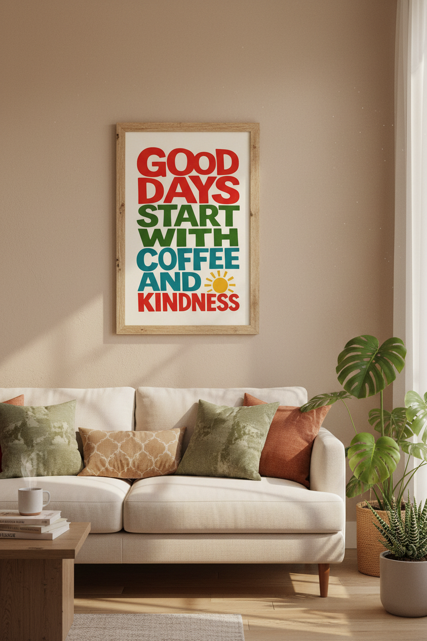 Coffee and Kindness Typography Art Print | Retro Kitchen Decor | Colorful Poster