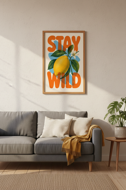 Stay Wild Lemon Art | Retro Citrus Botanical Print, Kitchen &amp; Sunroom Decor