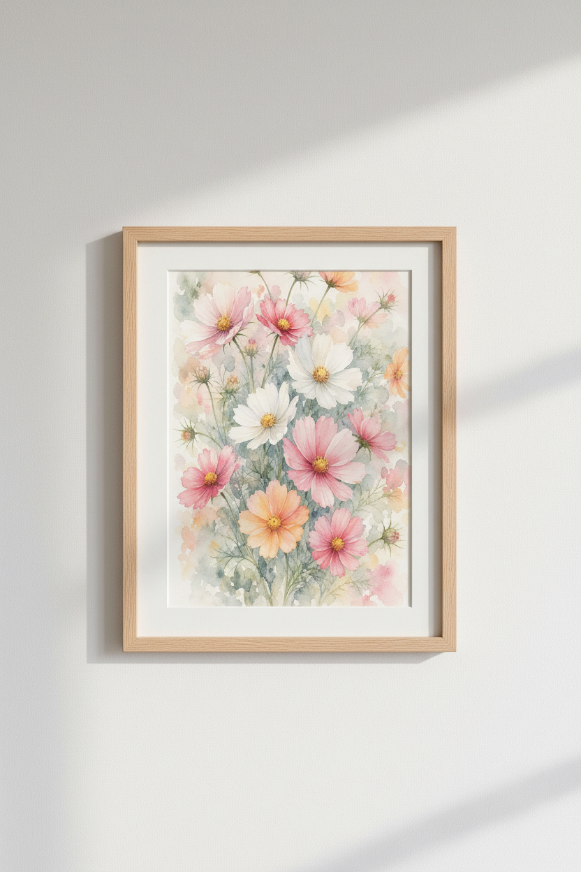 Pastel Wildflower Print | Floral Watercolor Garden, Soft Pink Botanical Wall Art Poster