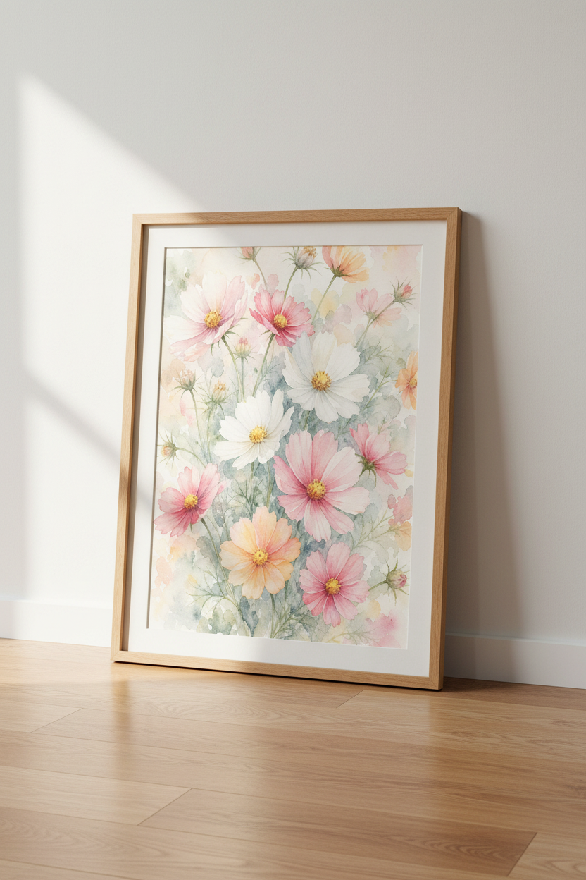 Pastel Wildflower Print | Floral Watercolor Garden, Soft Pink Botanical Wall Art Poster