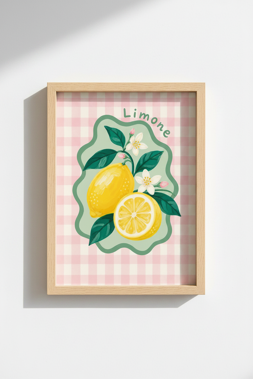 Citrus Wall Art | Pink Gingham Lemon Fruit Print, Mediterranean Kitchen Decor