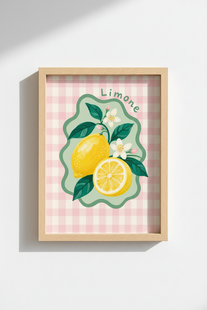 Citrus Wall Art | Pink Gingham Lemon Fruit Print, Mediterranean Kitchen Decor