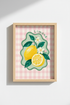 Citrus Wall Art | Pink Gingham Lemon Fruit Print, Mediterranean Kitchen Decor