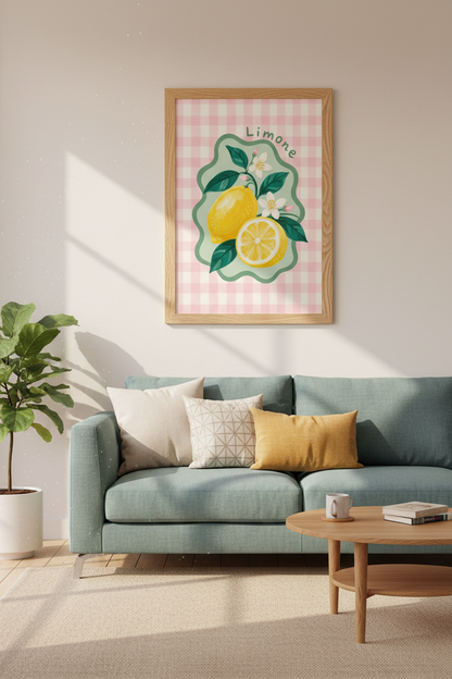 Citrus Wall Art | Pink Gingham Lemon Fruit Print, Mediterranean Kitchen Decor
