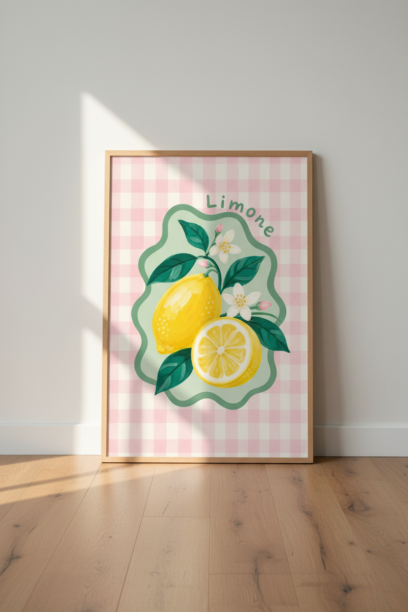 Citrus Wall Art | Pink Gingham Lemon Fruit Print, Mediterranean Kitchen Decor