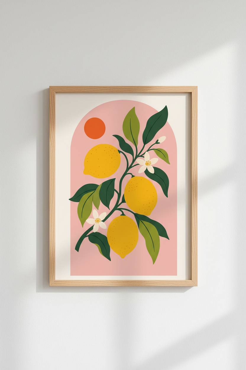 lemon wall art | bold citrus palette, pink backdrop | kitchen decor