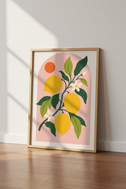 lemon wall art | bold citrus palette, pink backdrop | kitchen decor