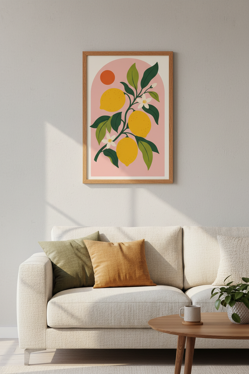 lemon wall art | bold citrus palette, pink backdrop | kitchen decor