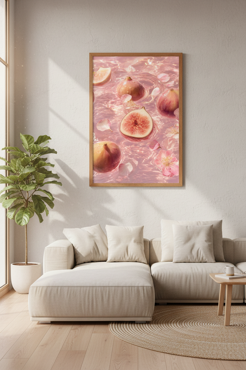Pink Fig &amp; Cherry Blossom Wall Art | Ethereal Water Poster, Aesthetic Kitchen Decor