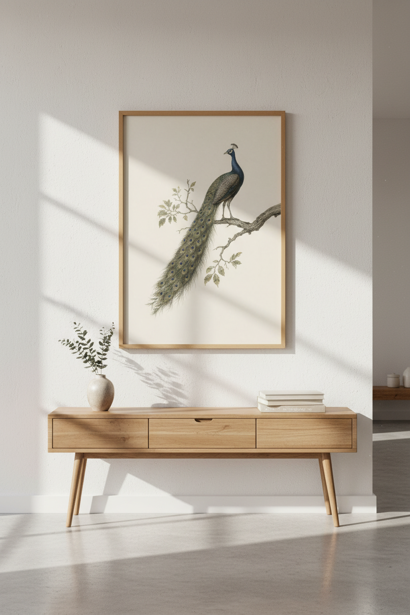 Vintage Peacock Wall Art Print | Living Room Decor | Elegant Botanical Poster