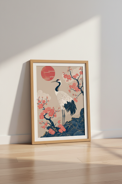 Japanese Crane Wall Art Print | Cherry Blossom Decor | Japandi Zen Poster
