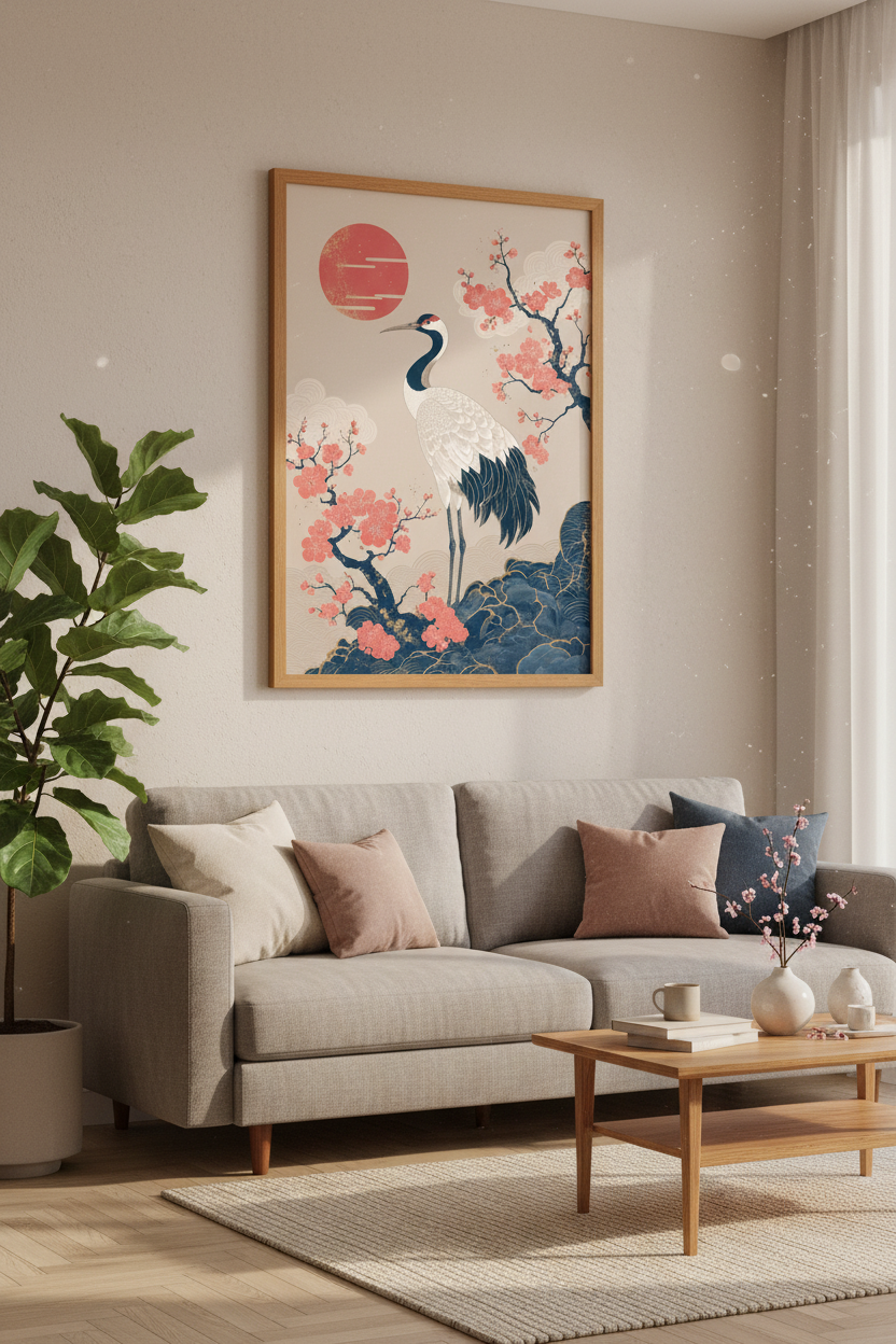 Japanese Crane Wall Art Print | Cherry Blossom Decor | Japandi Zen Poster
