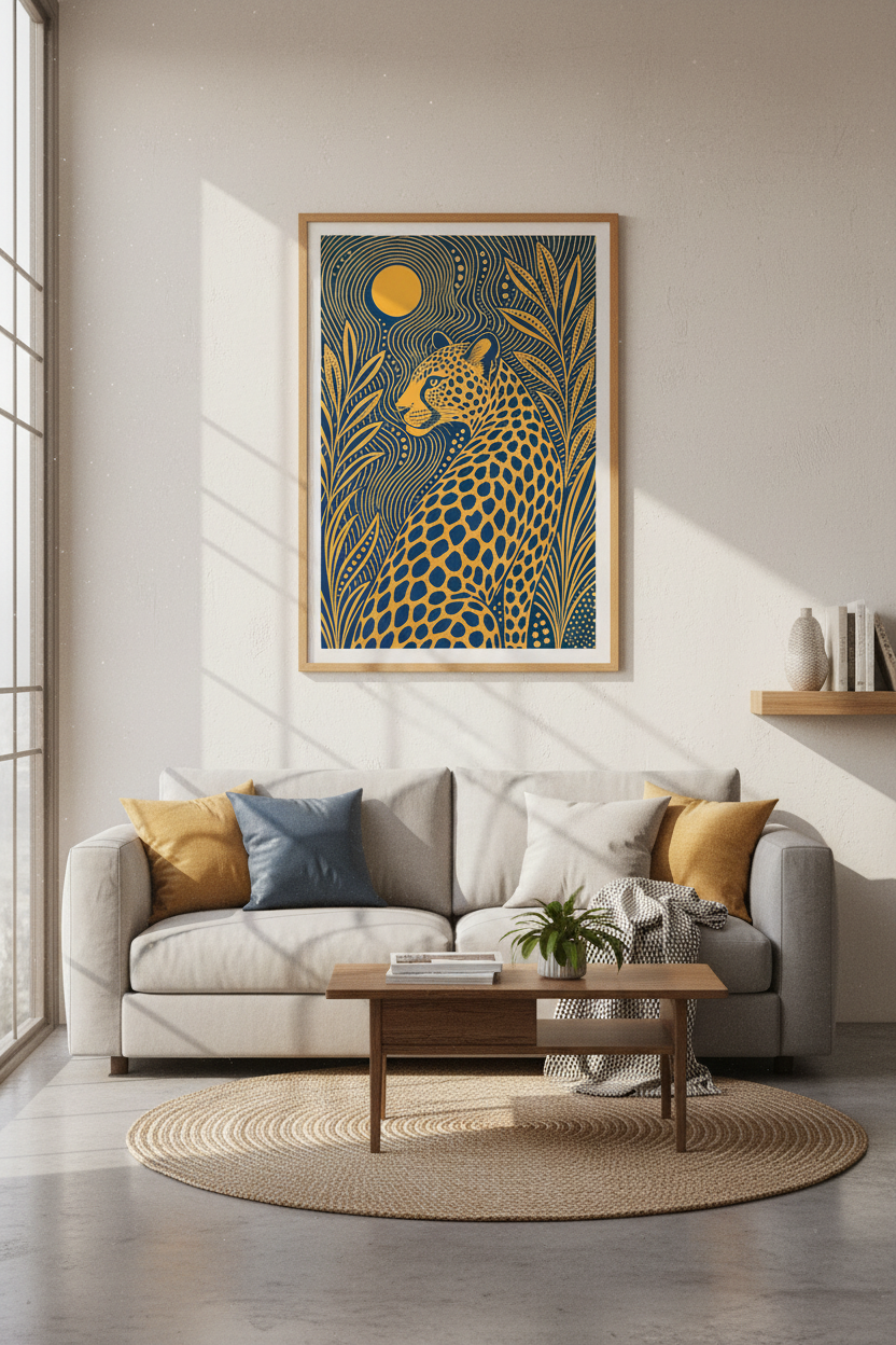 Leopard | Navy &amp; Gold Botanical Boho Print, Modern Jungle Wall Art Decor