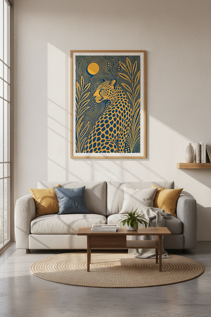 Leopard | Navy &amp; Gold Botanical Boho Print, Modern Jungle Wall Art Decor