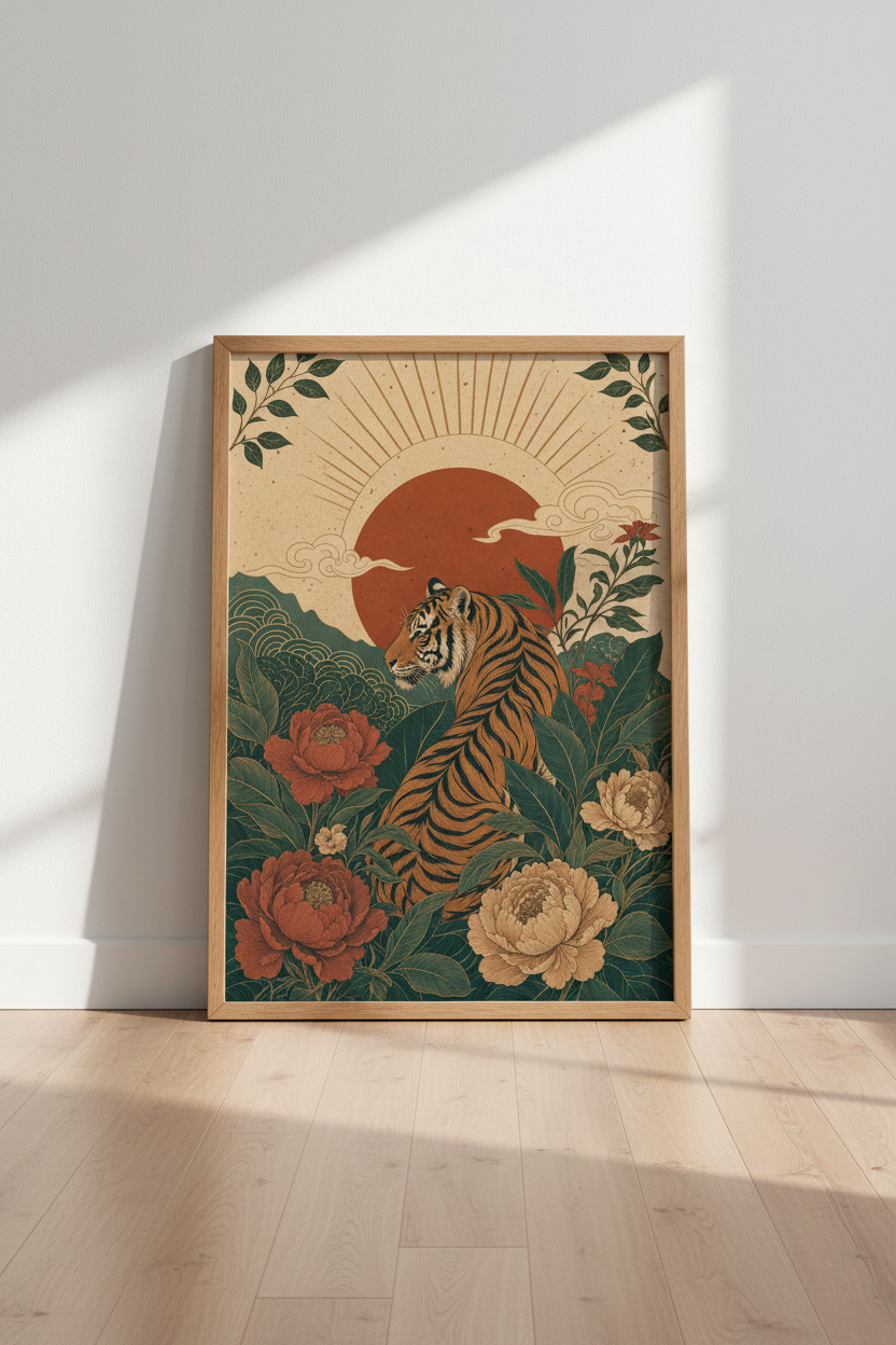 Tiger &amp; Peony Art Print | Japanese Style Botanical, Living Room Decor