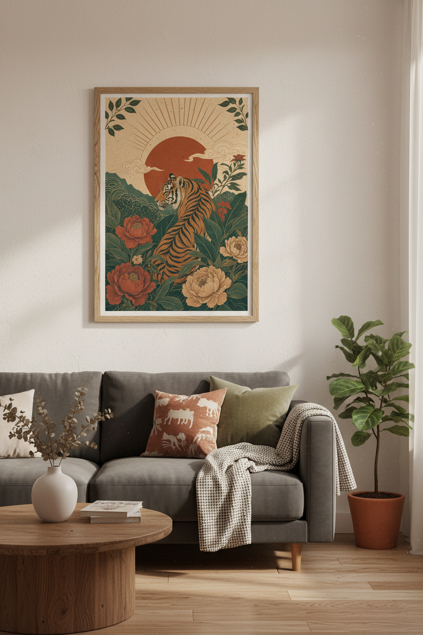 Tiger &amp; Peony Art Print | Japanese Style Botanical, Living Room Decor