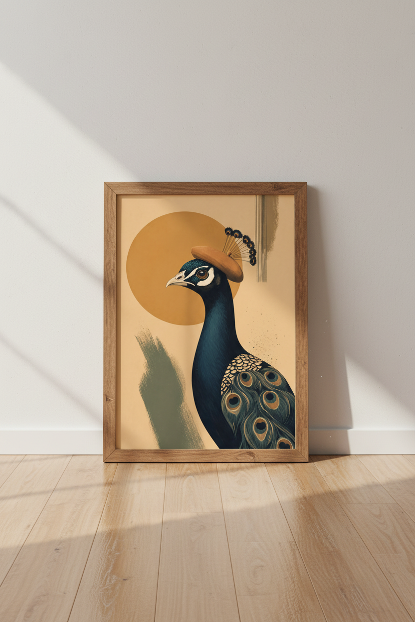Peacock in Beret Wall Art | Mid Century Modern Bird Print, Quirky Home Decor