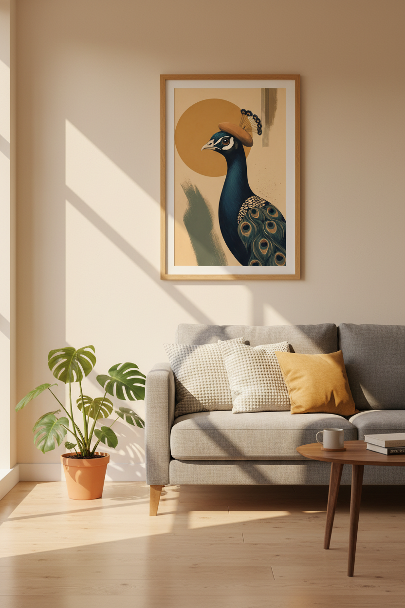 Peacock in Beret Wall Art | Mid Century Modern Bird Print, Quirky Home Decor