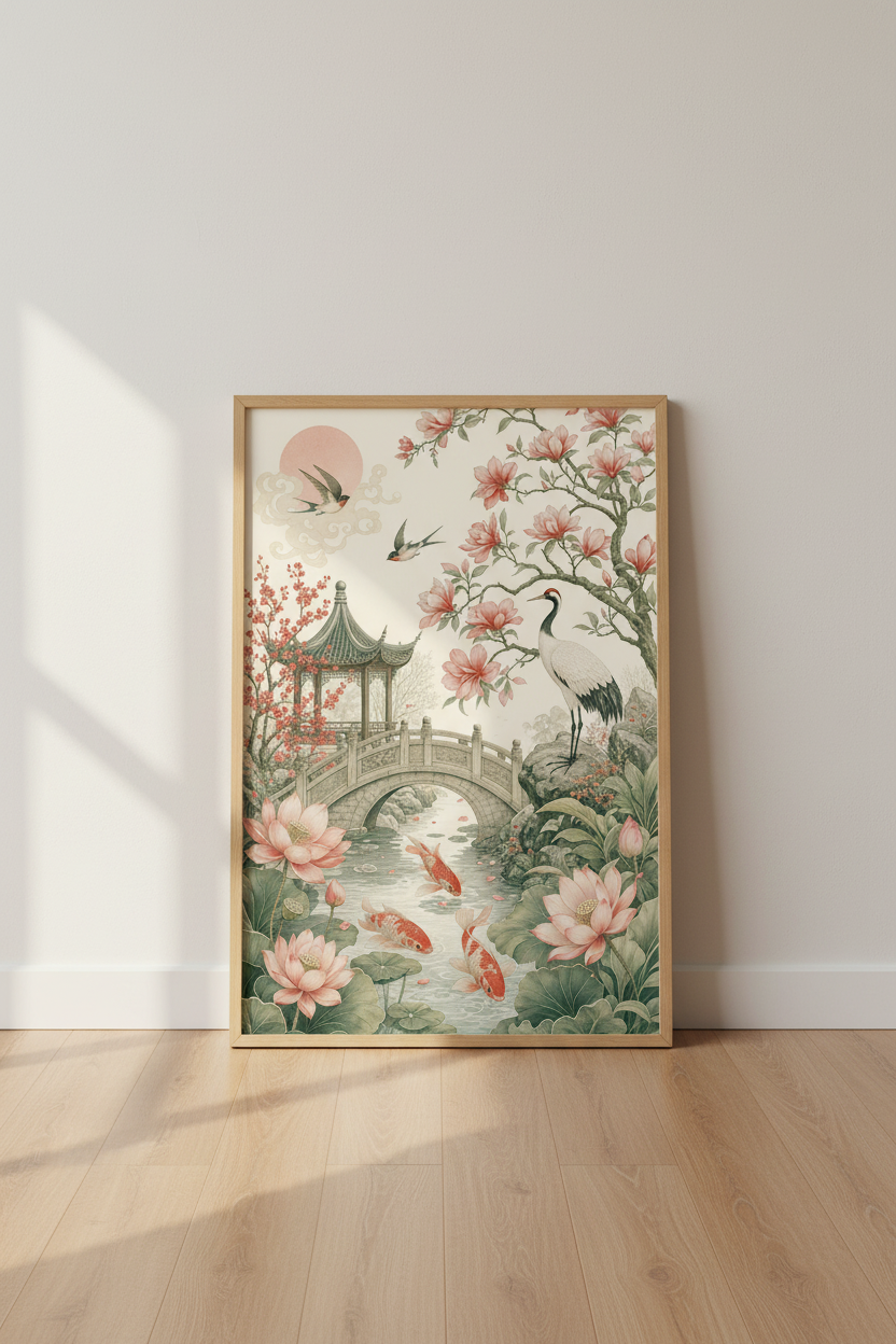 Japanese Garden Art | Koi Fish &amp; Crane Landscape Print, Zen Chinoiserie Decor