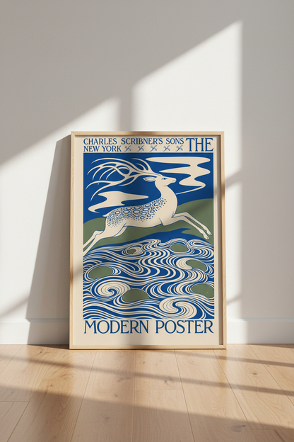 Modern Wall Art Print | Deer Silhouette, Blue Waves | Living Room Decor | Poster
