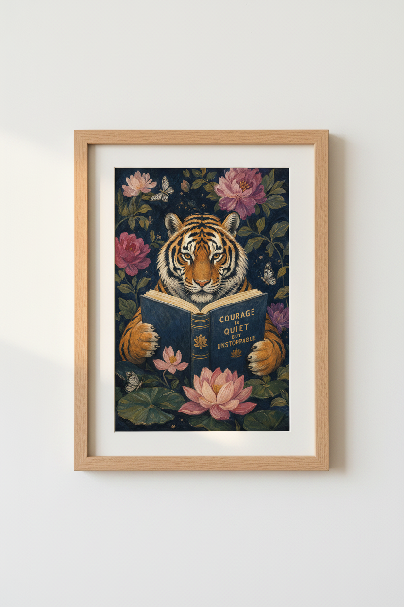 Tiger Reading Wall Art Print | Dark Academia Floral Decor | Quiet Courage Poster