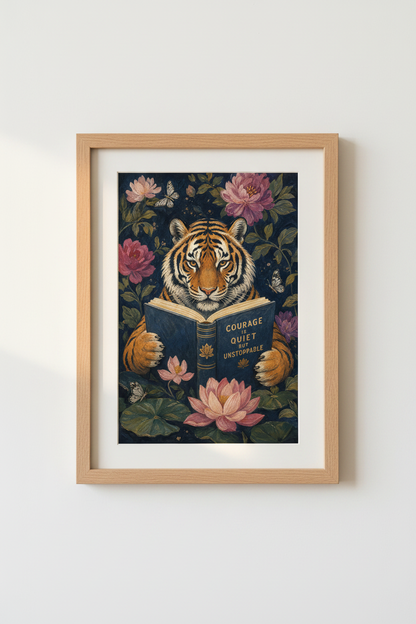 Tiger Reading Wall Art Print | Dark Academia Floral Decor | Quiet Courage Poster