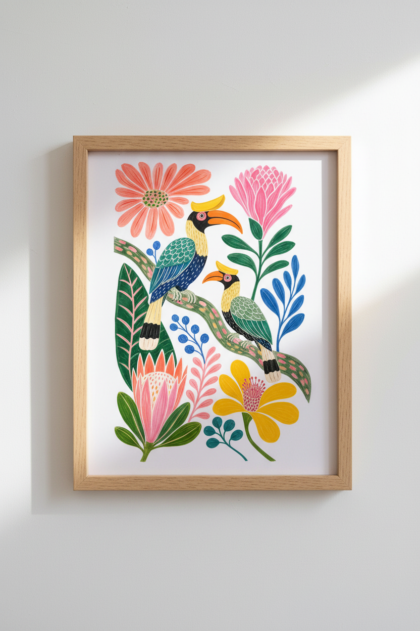 Tropical Bird Wall Art Print | Colorful Hornbill Jungle Poster | Maximalist Decor