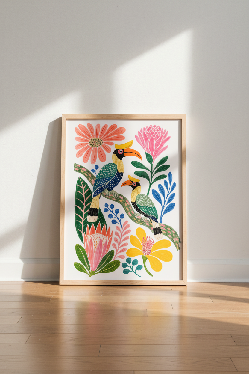 Tropical Bird Wall Art Print | Colorful Hornbill Jungle Poster | Maximalist Decor