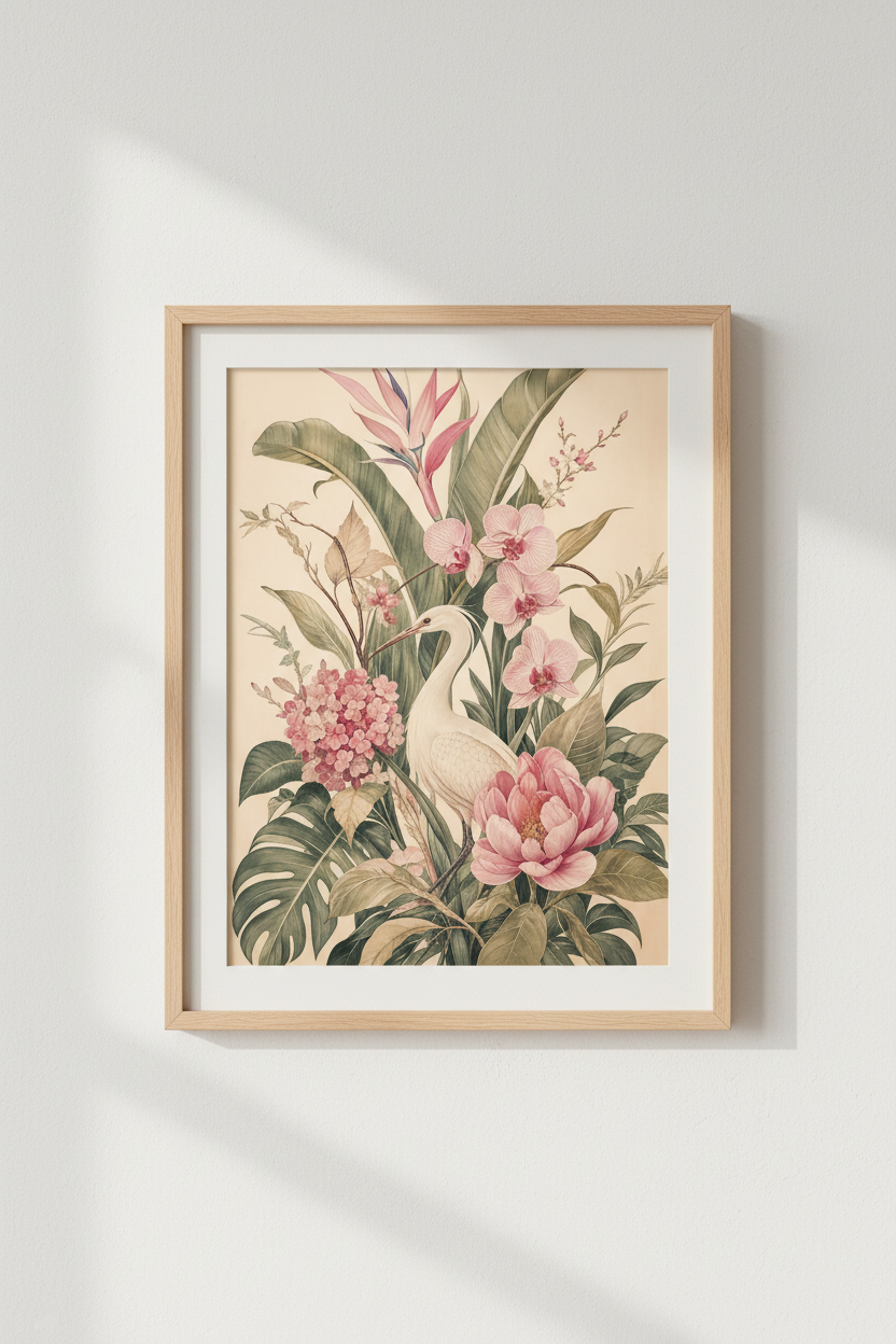 Tropical Bird Art | Soft Pastels, Vintage Botanical, Living Room Decor
