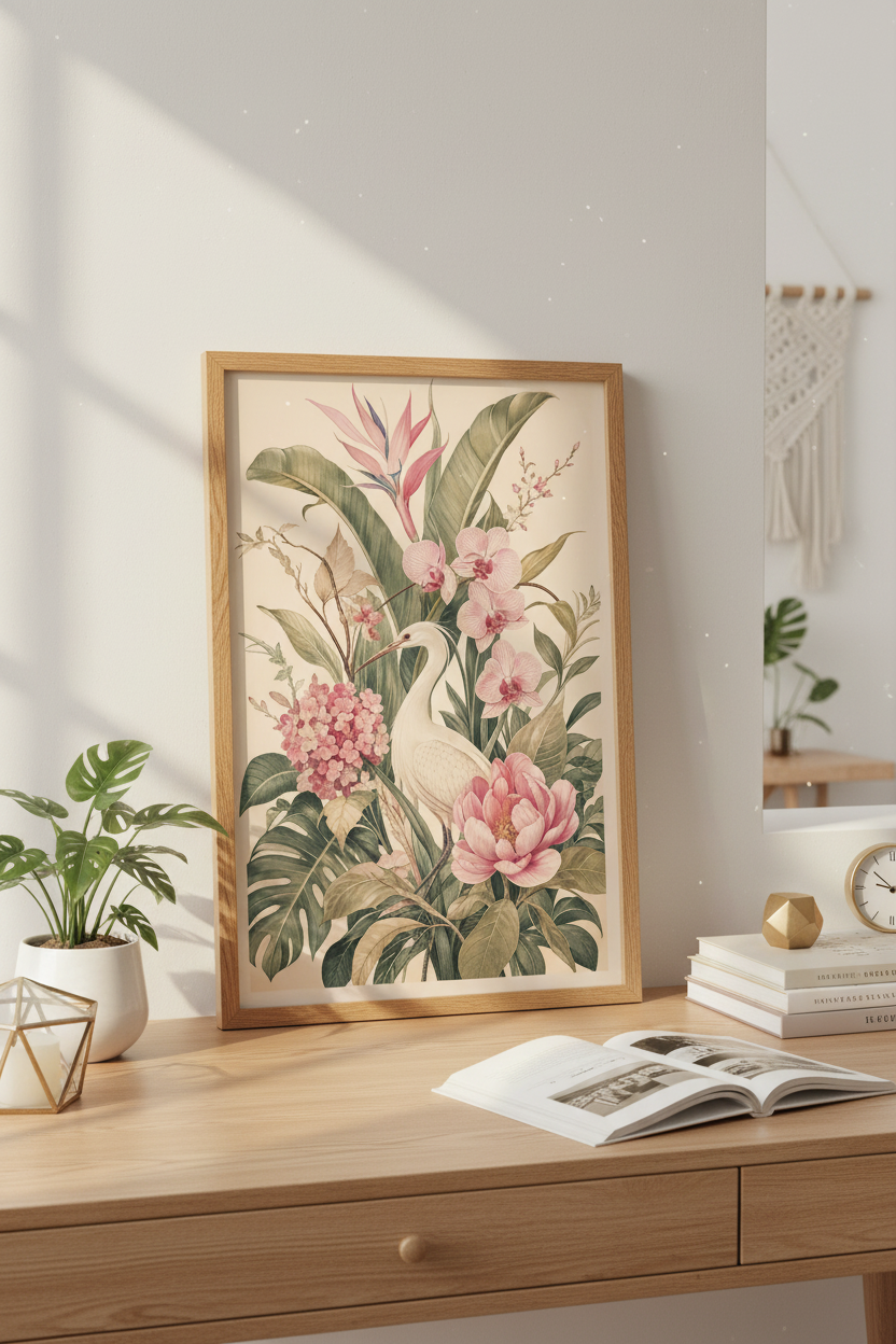 Tropical Bird Art | Soft Pastels, Vintage Botanical, Living Room Decor