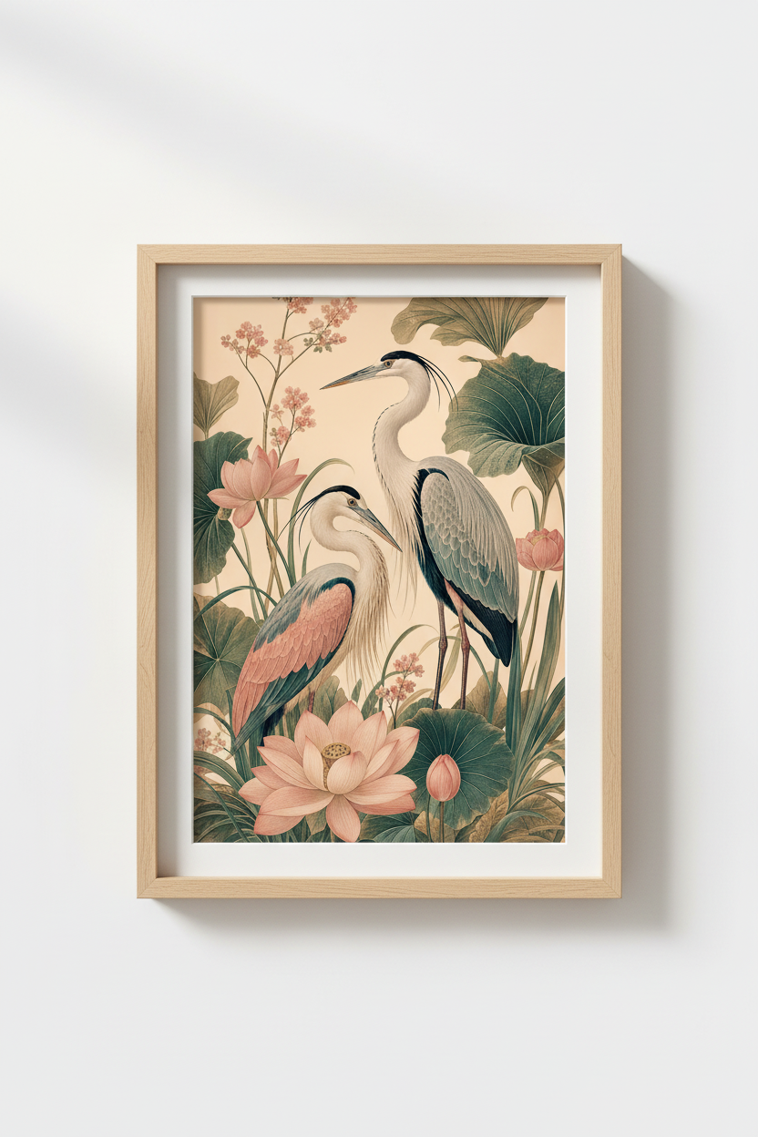 Heron Wall Art Print | Living Room Decor | Vintage Lotus Poster