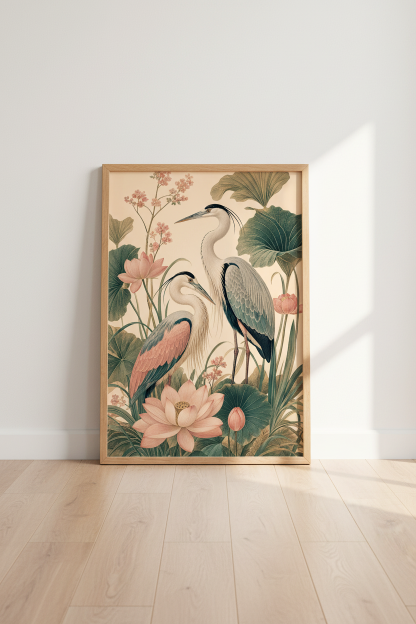 Heron Wall Art Print | Living Room Decor | Vintage Lotus Poster