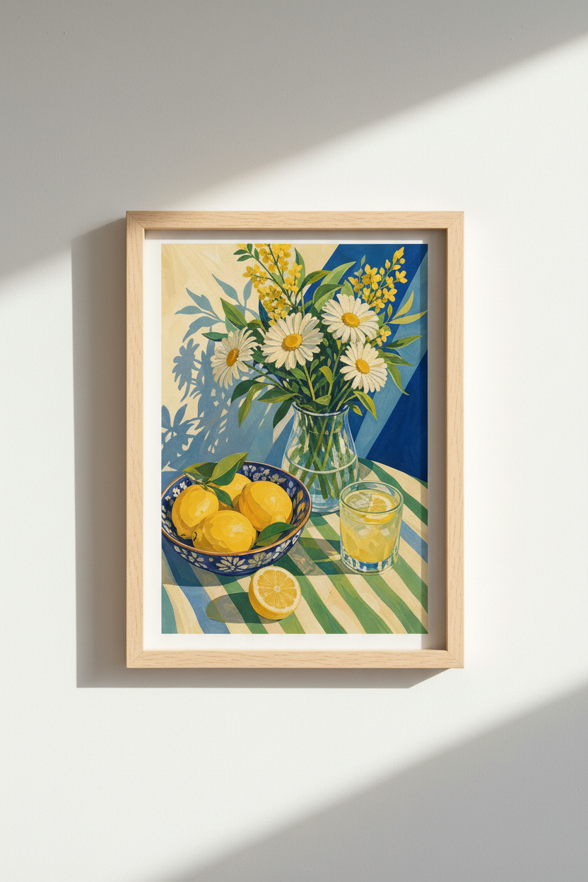 Lemon and Daisy Wall Art Print | Mediterranean Kitchen Decor | Sunny Citrus Poster